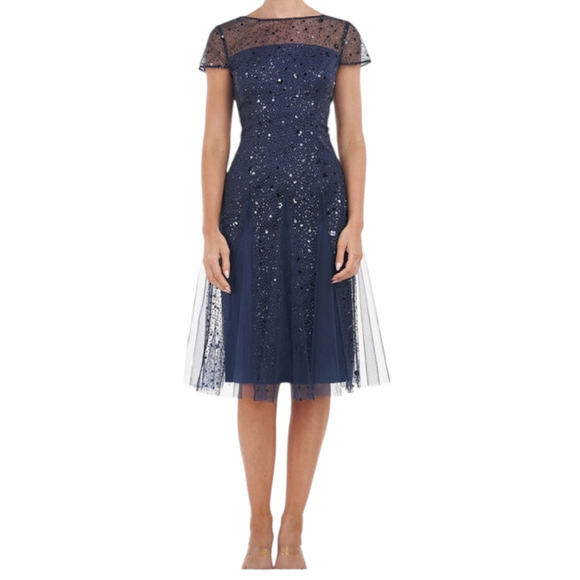 JS Collections dress Alyssa godet cocktail glitter sequins navy blue size 6 - Picture 1 of 8